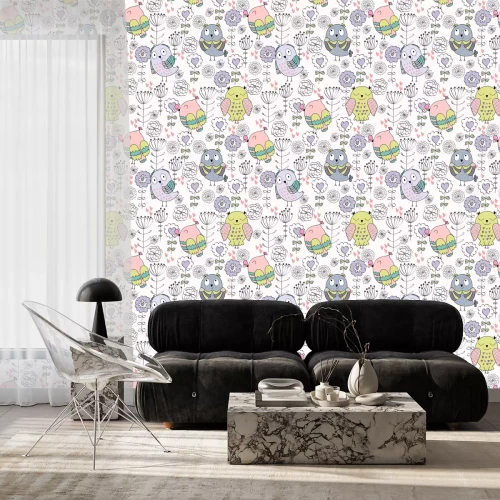 Behang Uilen en delicate bloemen