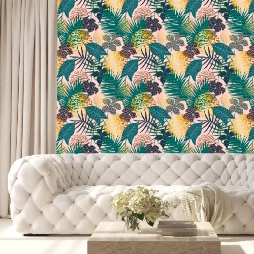 Behang Een kleurrijk thema met tropische planten