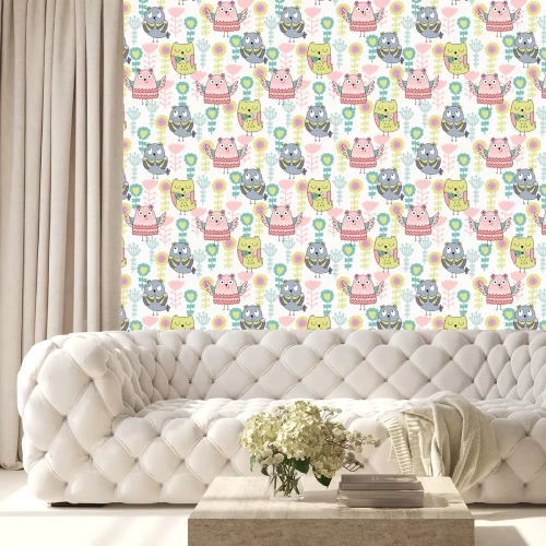 Behang Kleurrijke grafische uilen en bloemen