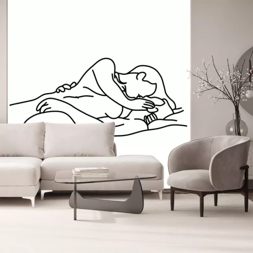 Sticker schets naakte paar zoenen op bed vector illustratie schets hand getekend met zwarte lijnen, geïsoleerd op een witte achtergrond