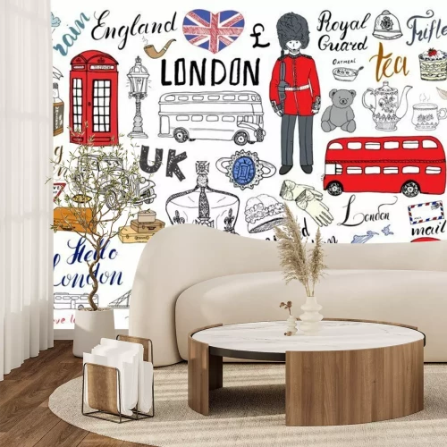 Sticker De inzameling van de stadskrabbels van de stad van Londen. Hand getrokken set met torenbrug, kroon, de big ben, koninklijke garde, rode bus en cabine, de Britse kaart en vlag, theepot, belettering, ve