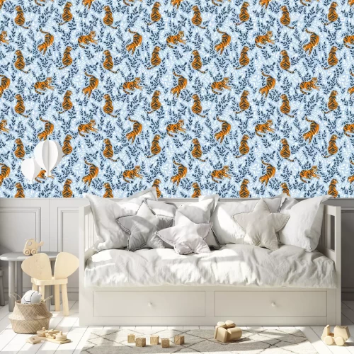 Behang Vector naadloos patroon met tijgers die op de bloemenachtergrond worden geïsoleerd. Dierlijke achtergrond voor stof of behang boho ontwerp.