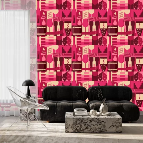 Behang Vector platte geometrisch ontwerpelementen voor wijnkaart, label, verpakking, bar of restaurant menu. Kleurrijke achtergrond met wijnflessen, glas, wijnstok. Trendy blokkerende illustratie.