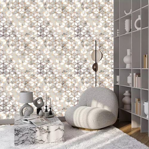 Behang Vector marmeren textuur, naadloos patroonontwerp met gouden geometrische lijnen en kubussen, zwart-witte marmering oppervlakte, moderne luxueuze achtergrond