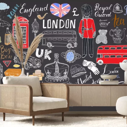 Sticker De inzameling van de stadskrabbels van de stad van Londen. Hand getrokken set met torenbrug, kroon, de big ben, koninklijke garde, rode bus en cabine, de Britse kaart en vlag, theepot, belettering, ve