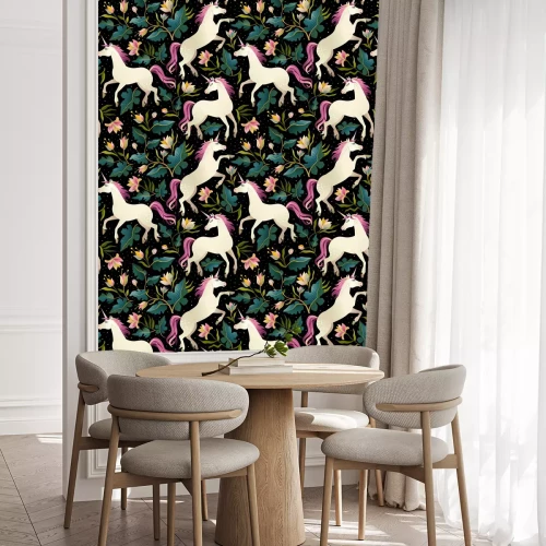 Behang Roze paarden eenhoorns bloemen en bladeren