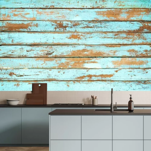Fotobehang Gewreven turquoise planken