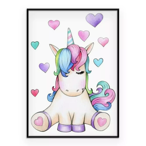 Poster Eenhoorn op een achtergrond van hartjes