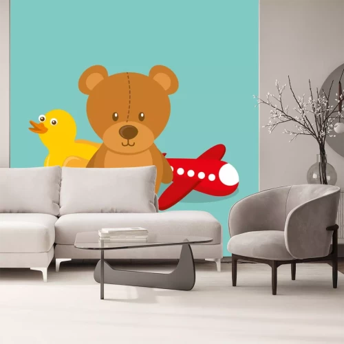 Sticker speelgoed voor kinderen teddy rubber duck en vliegtuig retro vectorillustratie