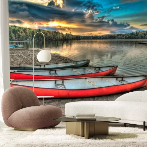 Fotobehang Drie Kano Naast Een Meer