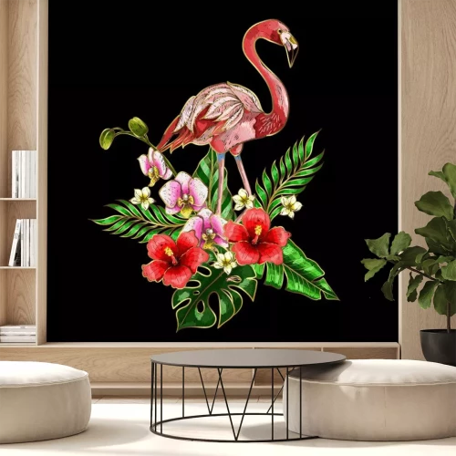 Sticker Flamingo borduurpatronen met tropische bloemen en bladeren.
