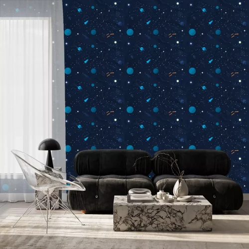 Behang Ruimte vlakke achtergrond met planeten en sterren