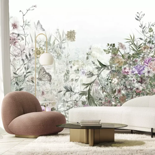 Fotobehang Aquarelschilderij van bladeren en bloemen op een witte achtergrond