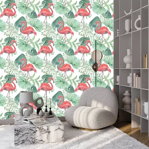 Behang Flamingo's en aquarel tropische bladeren