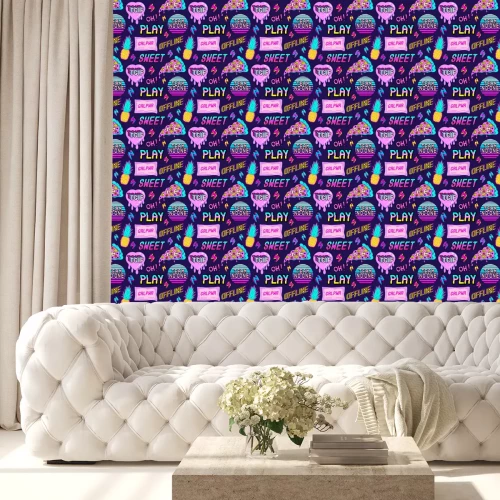 Behang Ananaspizza en ondertitels in videogamestijl