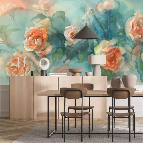 Fotobehang Orange roses colorful background watercolor