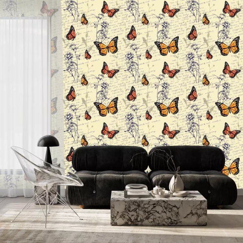 Behang Vlinders schilderden rozen en letters