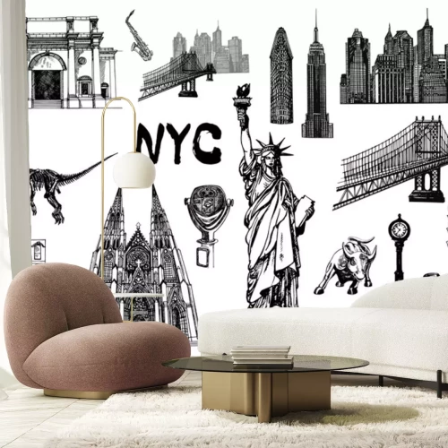 Sticker Set of hand drawn sketch style New York themed isolated objects. Vector illustration.