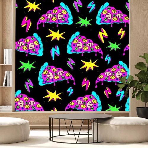 Sticker Crazy space alien pizza attack seamless pattern with pizza slices, lightning strikes, and colorful explosions. Black background.
