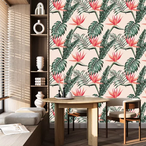 Behang Tropische bloemen die op vogels lijken