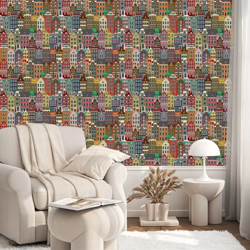 Behang City streets with old buildings, seamless pattern