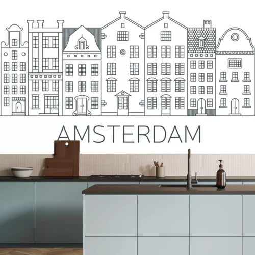 Sticker Banner of Amsterdam city in flat line style. 