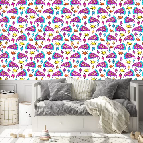 Behang Kleurrijke pizzapunten met sterren en bliksemschichten