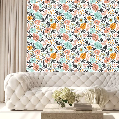 Behang Kleurrijke bladeren en tropische bloemen