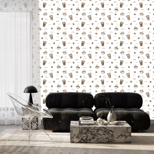 Behang coffee bean mug cup memphis seamless pattern white background wallpaper download