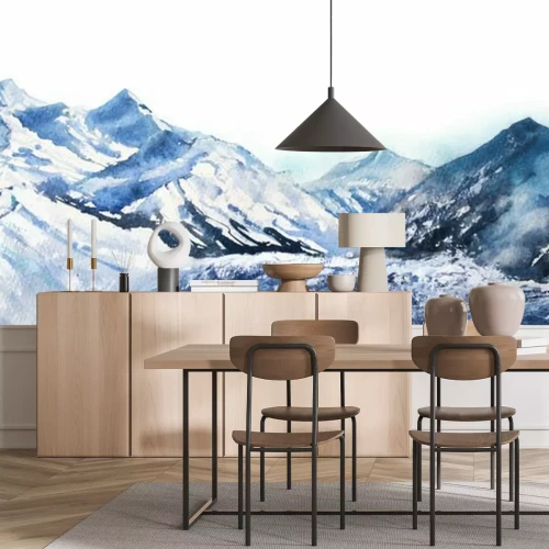 Sticker Mountain winter snow peak watercolor in blue tone on white background