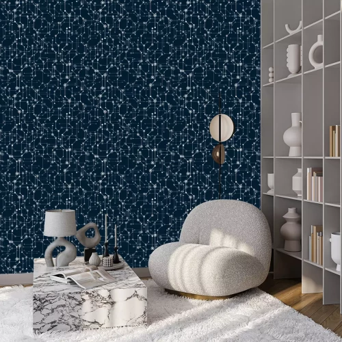 Behang Marineblauw patroon in elektronische schakels