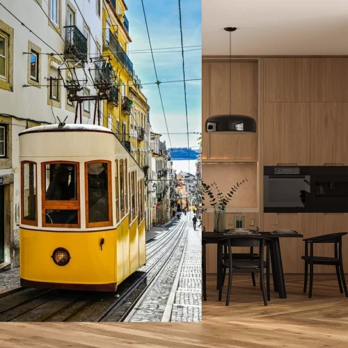 Fotobehang Gele tram in Lissabon op straat