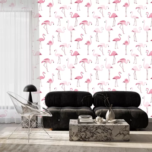 Behang Lichtroze flamingo's op een motief met een witte achtergrond