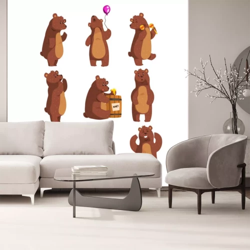 Sticker Set with funny bear. Forest animal waving by paw, holding balloon, dancing, howling, calling someone, eating honey from wooden barrel, smiling. Flat vector design