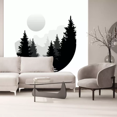 Sticker Zwart-wit bos en zon tekenen