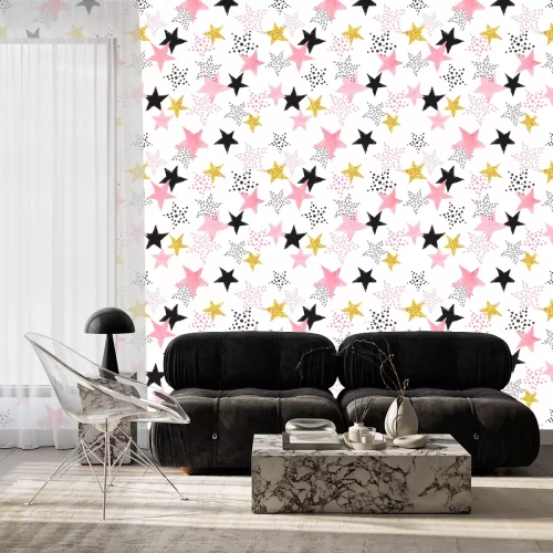 Behang Seamless Stars pattern. Vector background with watercolor pink and glittering golden stars.