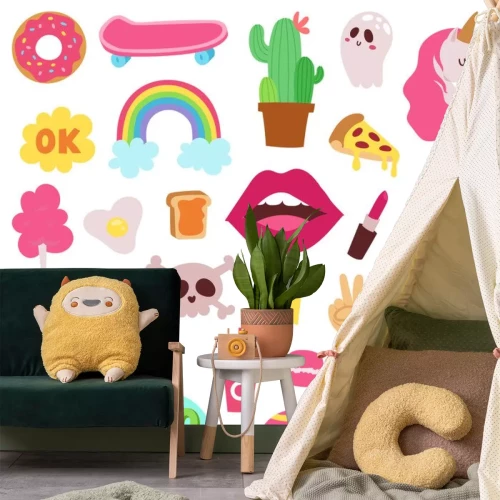 Sticker Een verzameling veelkleurige afbeeldingen over verschillende onderwerpen