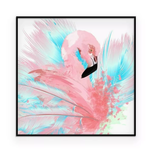 Poster Schilderij van een flamingo en veren