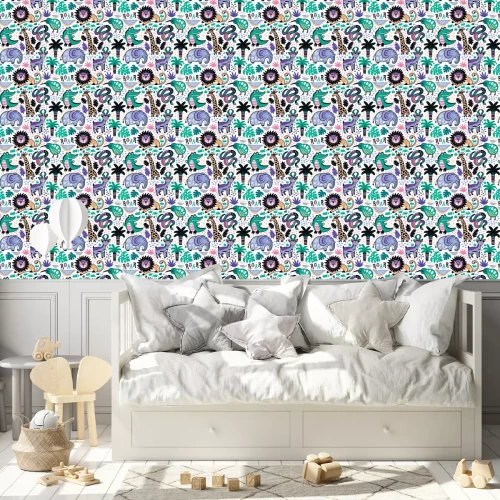 Behang Olifanten krokodillen giraffen en palmbomen