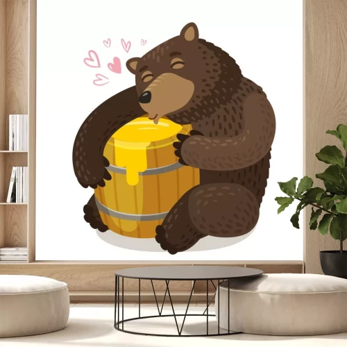 Sticker Happy bear hugs wooden barrel of honey. Cartoon vector illustration