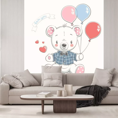 Sticker Cute little bear with balloons cartoon hand drawn vector illustration. Can be used for baby t-shirt print, fashion print design, kids wear, baby shower celebration, greeting and invitation card.