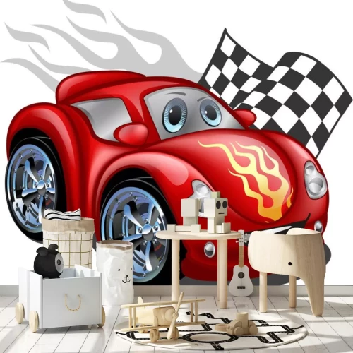 Sticker Een rode racewagen met een lachend gezicht