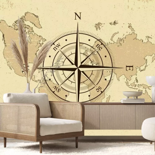 Sticker Windroos op de achtergrond van de wereldkaart