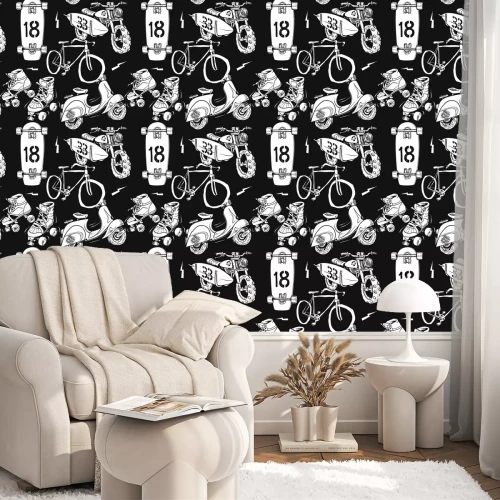 Behang Zwart-wit hipsterpatroon met verschillende voertuigen