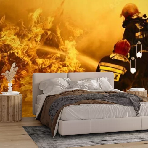 Fotobehang Brandweermannen tegen een achtergrond van vlammen