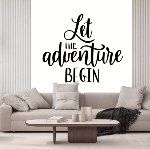 Sticker Laat het avontuur beginnen met vector-letters. Motiverende inspirerende reiscitaat.