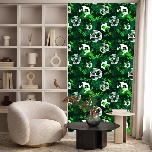 Behang Abstract naadloos voetbalpatroon voor jongens. Sport voetbal patroon. De sport stedelijke achtergrond van Grunge met voetbalbal. Sportbehang op zwarte achtergrond met veelkleurige vlekken. Herhaald pa