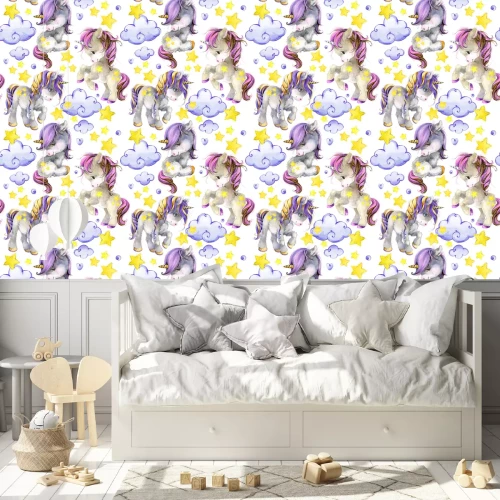 Behang Geschilderde eenhoorns wolken en sterren