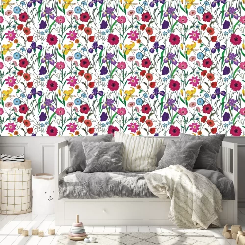 Behang Kleurrijke wilde bloemen op een witte achtergrond