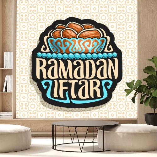 Sticker Vectorembleem voor Ramadan Iftar, zwart teken met stapel van Islamitische vastenvoedsel - droge data in oude bronskom en blauwe gebedparels of moslimrozentuin, originele borstellettersoort voor ramada